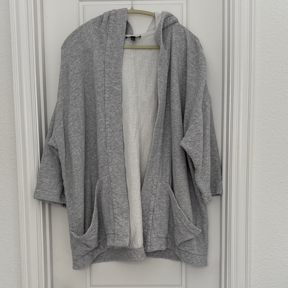 Eileen Fisher Light Gray Hooded Cardigan 100% organic cotton EUC